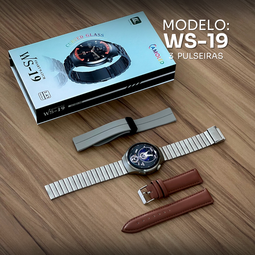 Smartwatch WS-19 | Design Redondo, Tela Nível AMOLED com 3 Pulseiras