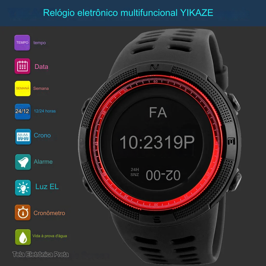 YIKAZE Y01 Relógio Digital Masculino Militar Esportivo Multifuncional e À Prova D'Água