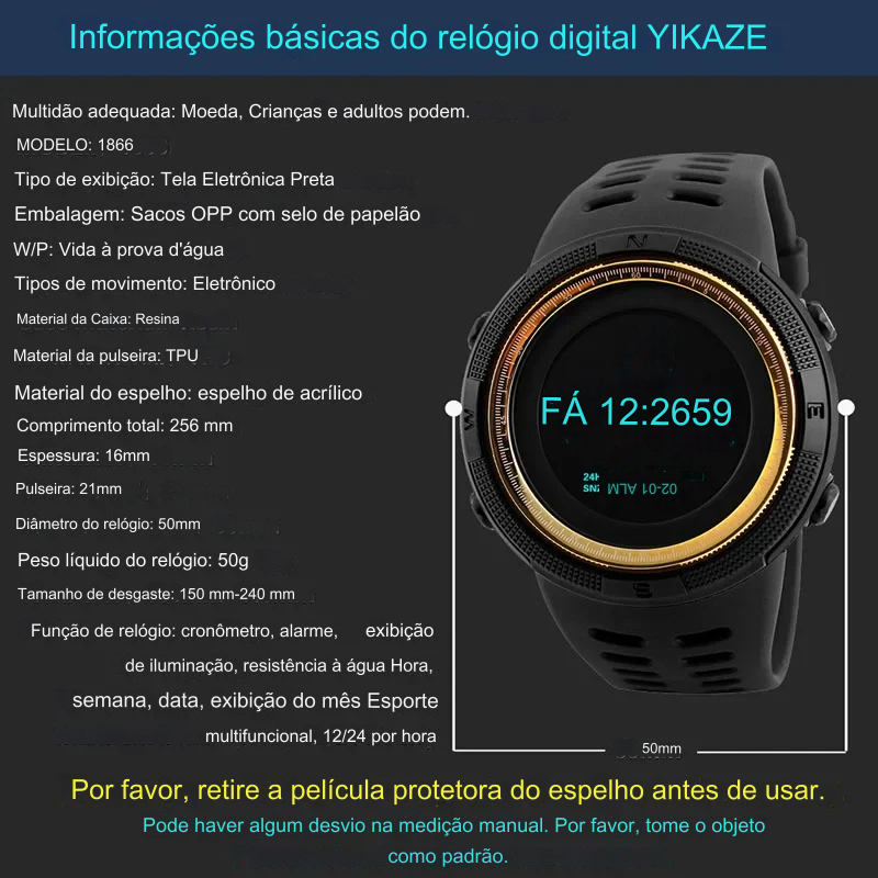 YIKAZE Y01 Relógio Digital Masculino Militar Esportivo Multifuncional e À Prova D'Água