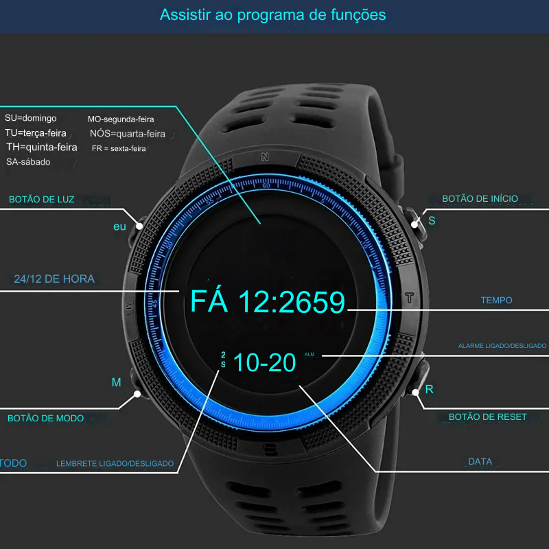 YIKAZE Y01 Relógio Digital Masculino Militar Esportivo Multifuncional e À Prova D'Água