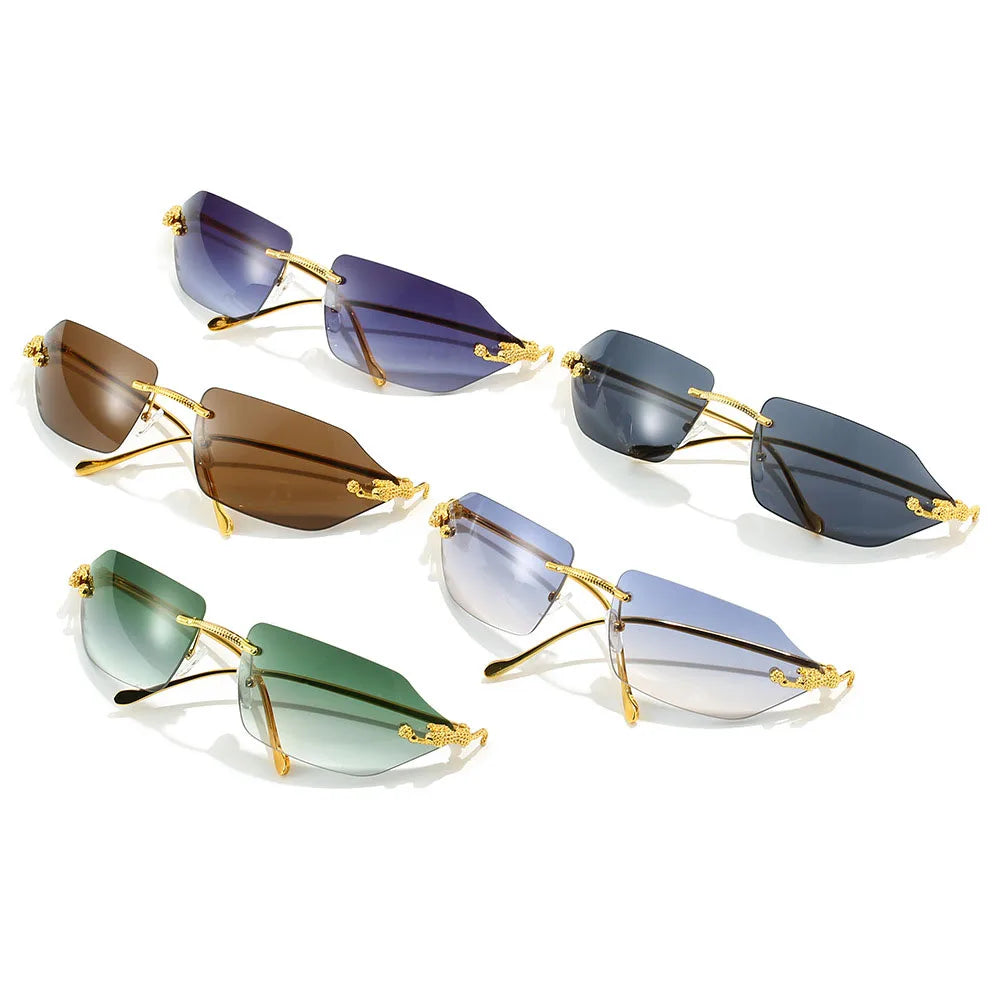 Y2K Brand Designer Luxury Rimless Curved Rectangle Sunglasses Women For Men Vintage Punk Sun Glasses Popular Gold Leopard Shades