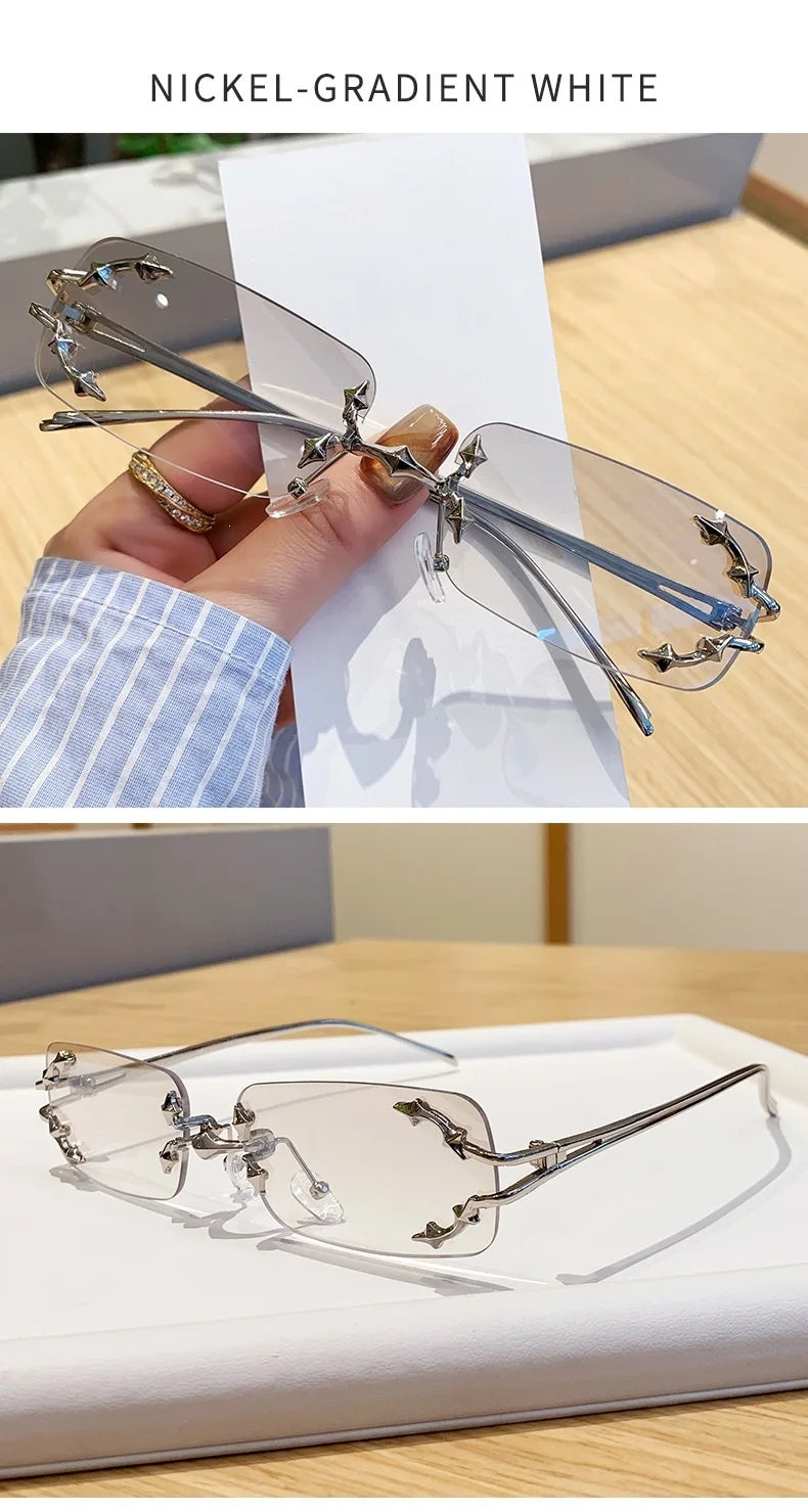 Óculos de Sol Vintage Rimless Quadrado Y2K Rebite Estrela UV400