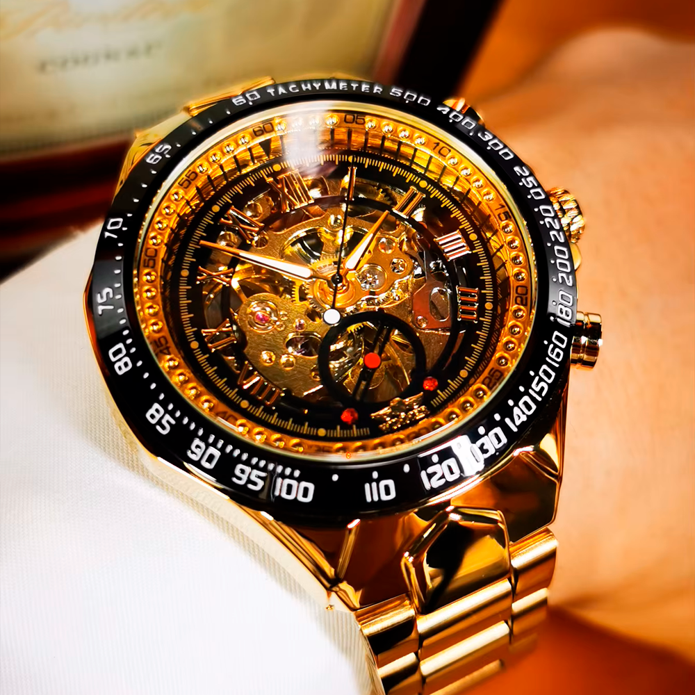 Relógio Masculino Azure Skeleton™ Golden - Automático Mecânico Luxo