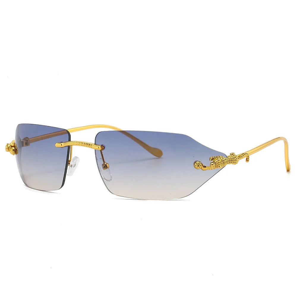 Y2K Brand Designer Luxury Rimless Curved Rectangle Sunglasses Women For Men Vintage Punk Sun Glasses Popular Gold Leopard Shades
