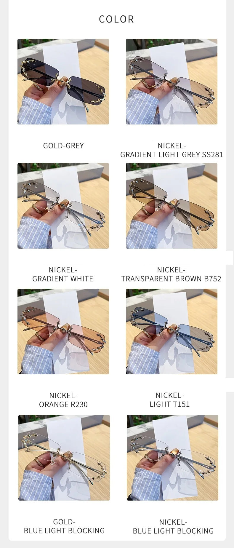 Óculos de Sol Vintage Rimless Quadrado Y2K Rebite Estrela UV400