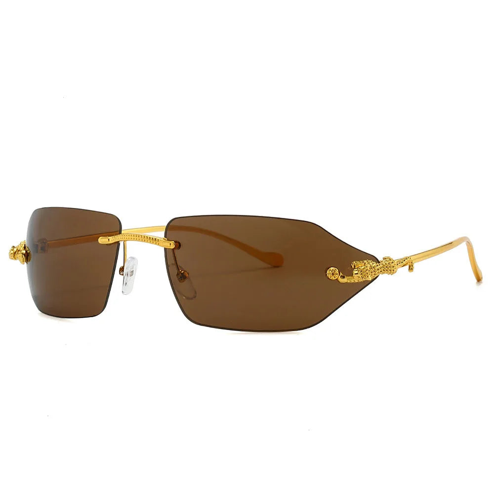 Y2K Brand Designer Luxury Rimless Curved Rectangle Sunglasses Women For Men Vintage Punk Sun Glasses Popular Gold Leopard Shades