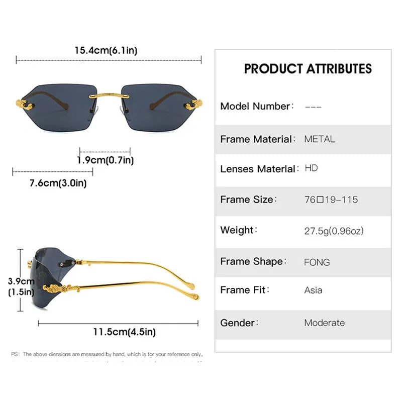 Y2K Brand Designer Luxury Rimless Curved Rectangle Sunglasses Women For Men Vintage Punk Sun Glasses Popular Gold Leopard Shades