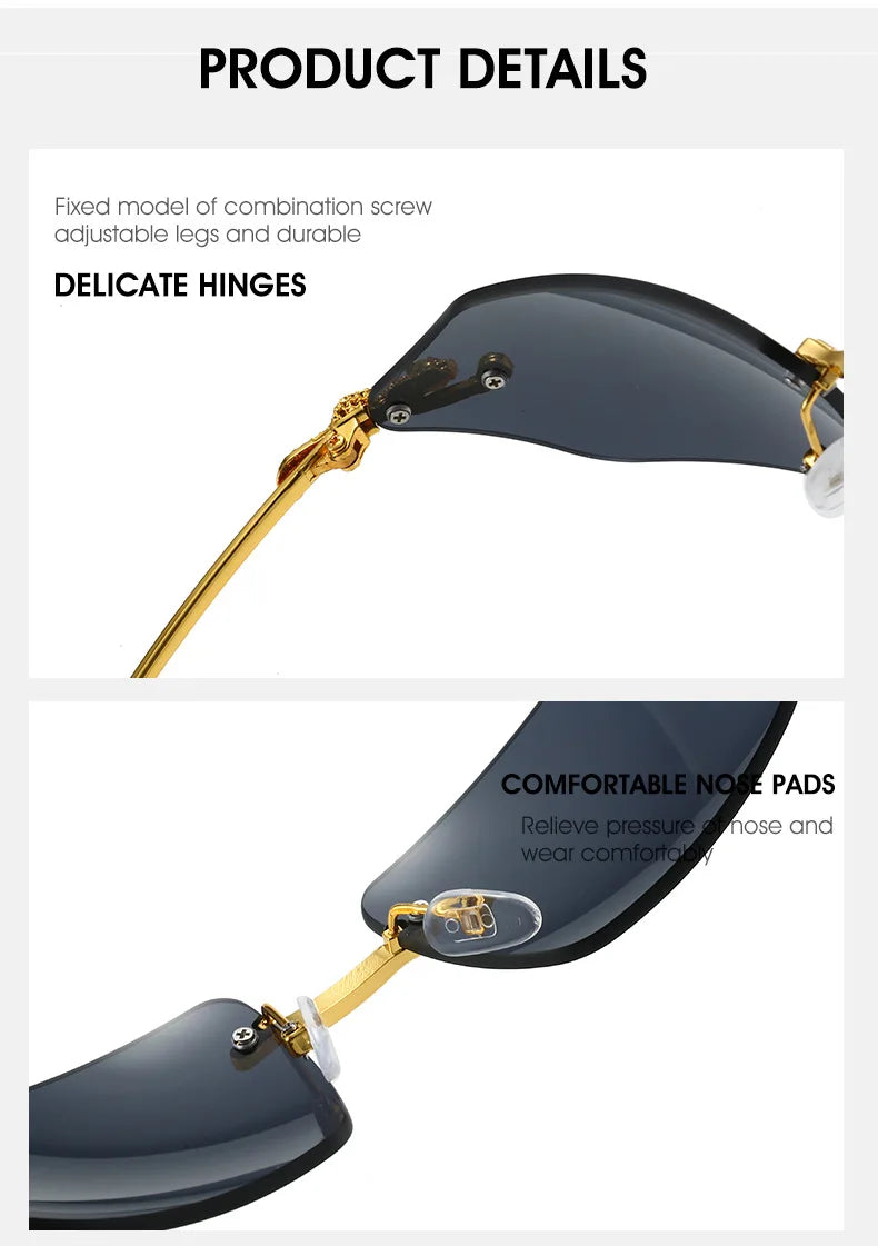 Y2K Brand Designer Luxury Rimless Curved Rectangle Sunglasses Women For Men Vintage Punk Sun Glasses Popular Gold Leopard Shades