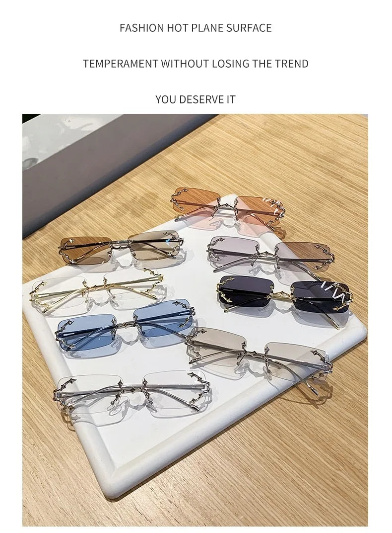 Óculos de Sol Vintage Rimless Quadrado Y2K Rebite Estrela UV400