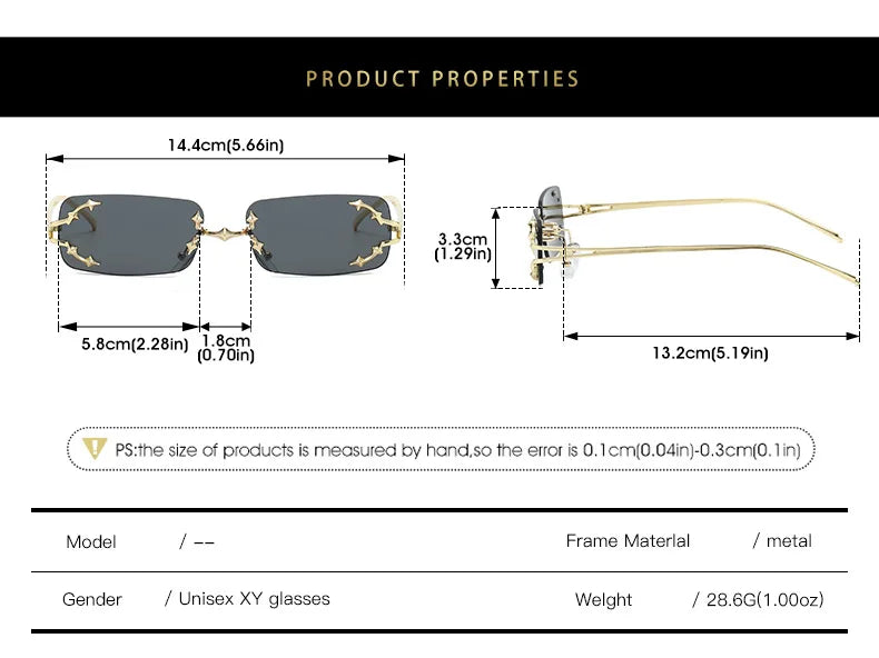 Óculos de Sol Vintage Rimless Quadrado Y2K Rebite Estrela UV400