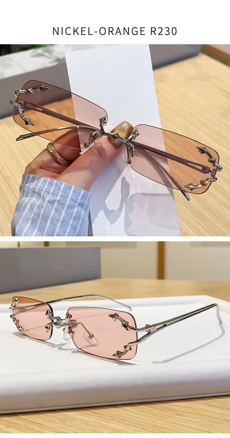 Óculos de Sol Vintage Rimless Quadrado Y2K Rebite Estrela UV400