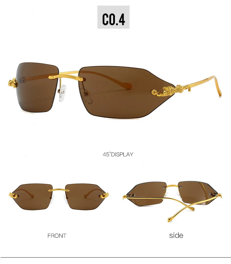 Y2K Brand Designer Luxury Rimless Curved Rectangle Sunglasses Women For Men Vintage Punk Sun Glasses Popular Gold Leopard Shades