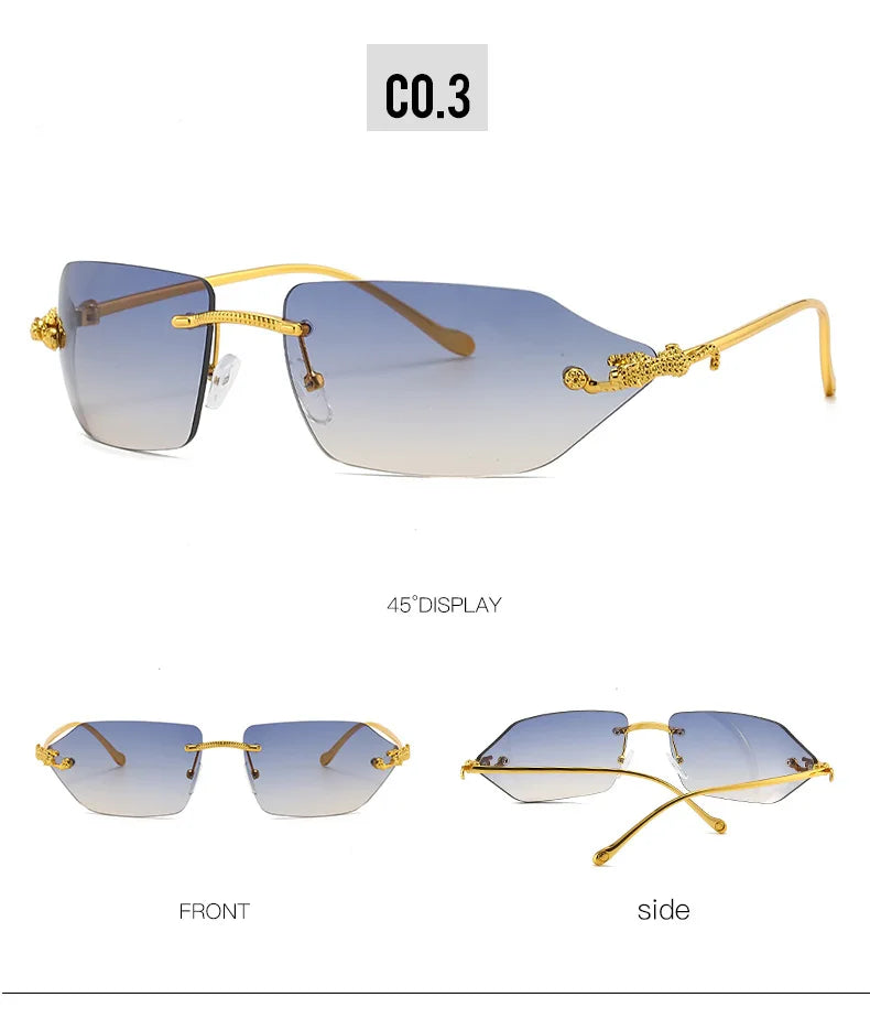 Y2K Brand Designer Luxury Rimless Curved Rectangle Sunglasses Women For Men Vintage Punk Sun Glasses Popular Gold Leopard Shades