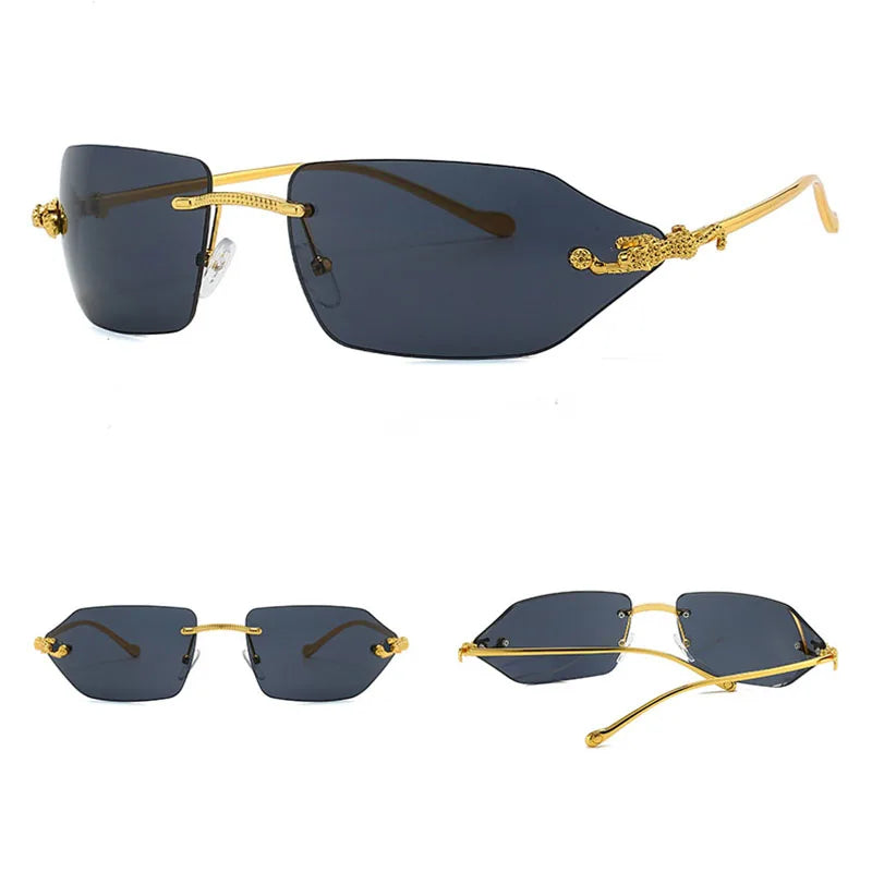 Y2K Brand Designer Luxury Rimless Curved Rectangle Sunglasses Women For Men Vintage Punk Sun Glasses Popular Gold Leopard Shades