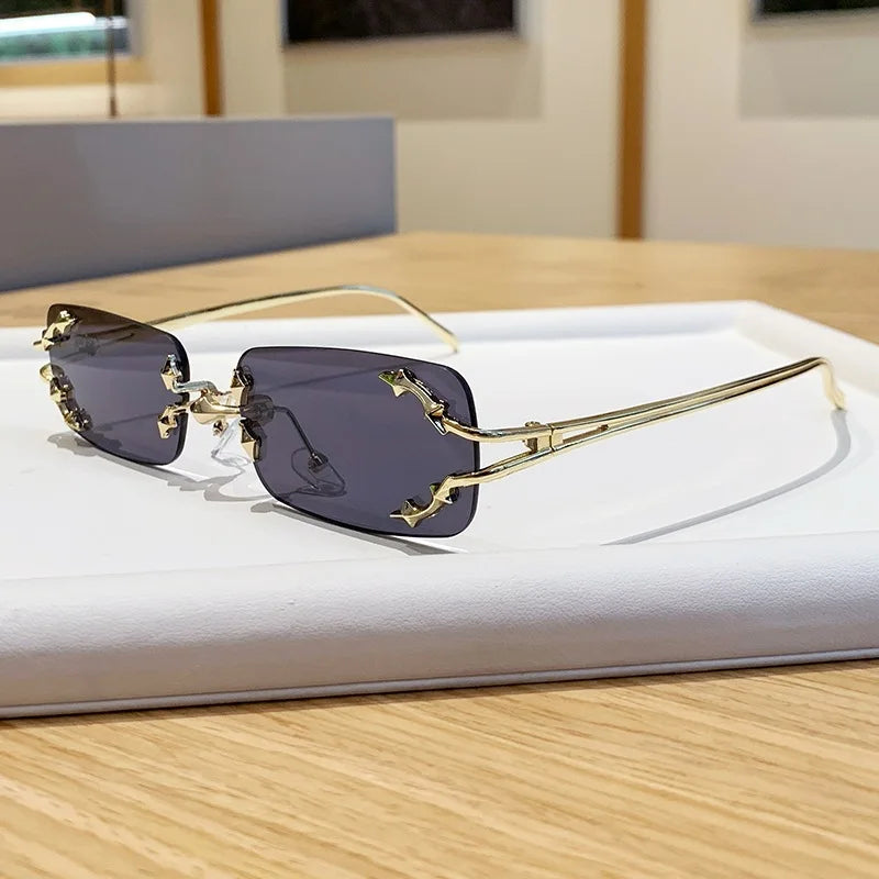 Óculos de Sol Vintage Rimless Quadrado Y2K Rebite Estrela UV400