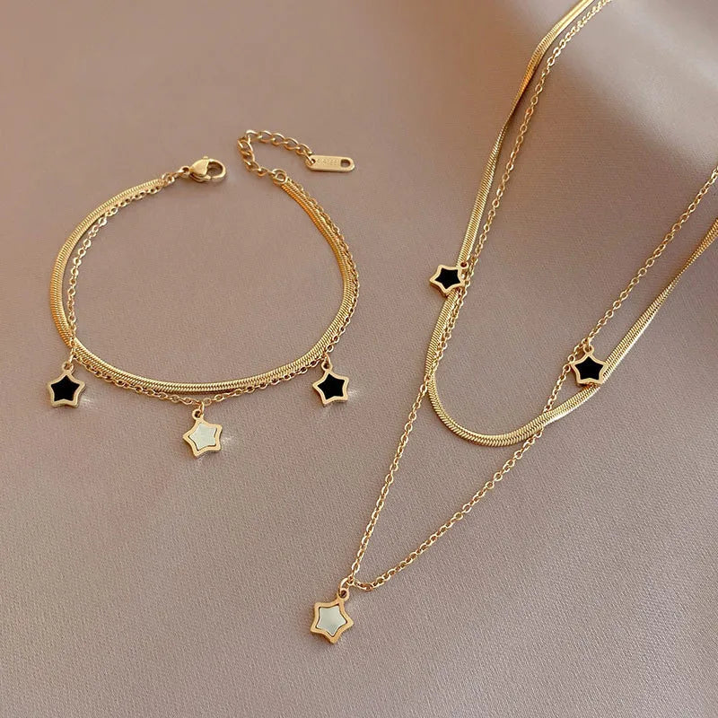 Conjunto de Colar e Pulseira Aço Inoxidável 316L com Pingente de Estrela