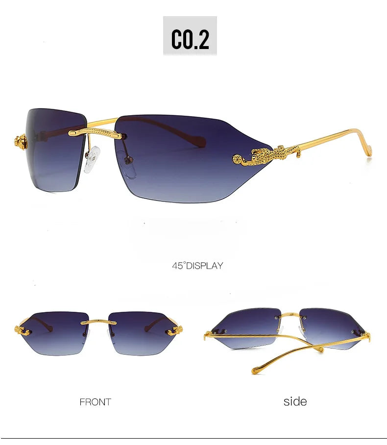 Y2K Brand Designer Luxury Rimless Curved Rectangle Sunglasses Women For Men Vintage Punk Sun Glasses Popular Gold Leopard Shades