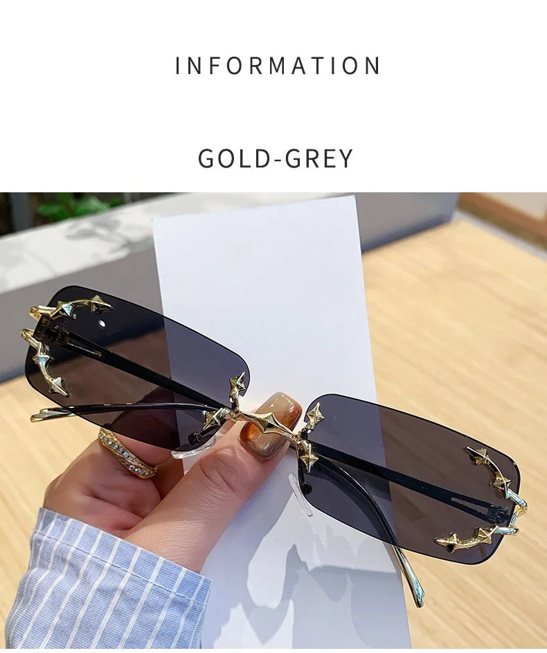 Óculos de Sol Vintage Rimless Quadrado Y2K Rebite Estrela UV400