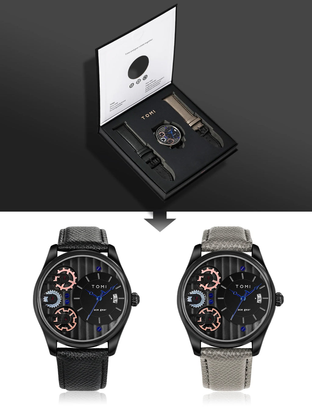 Relógio TOMI Masculino de Luxo – Kit Presente com Pulseiras Extras