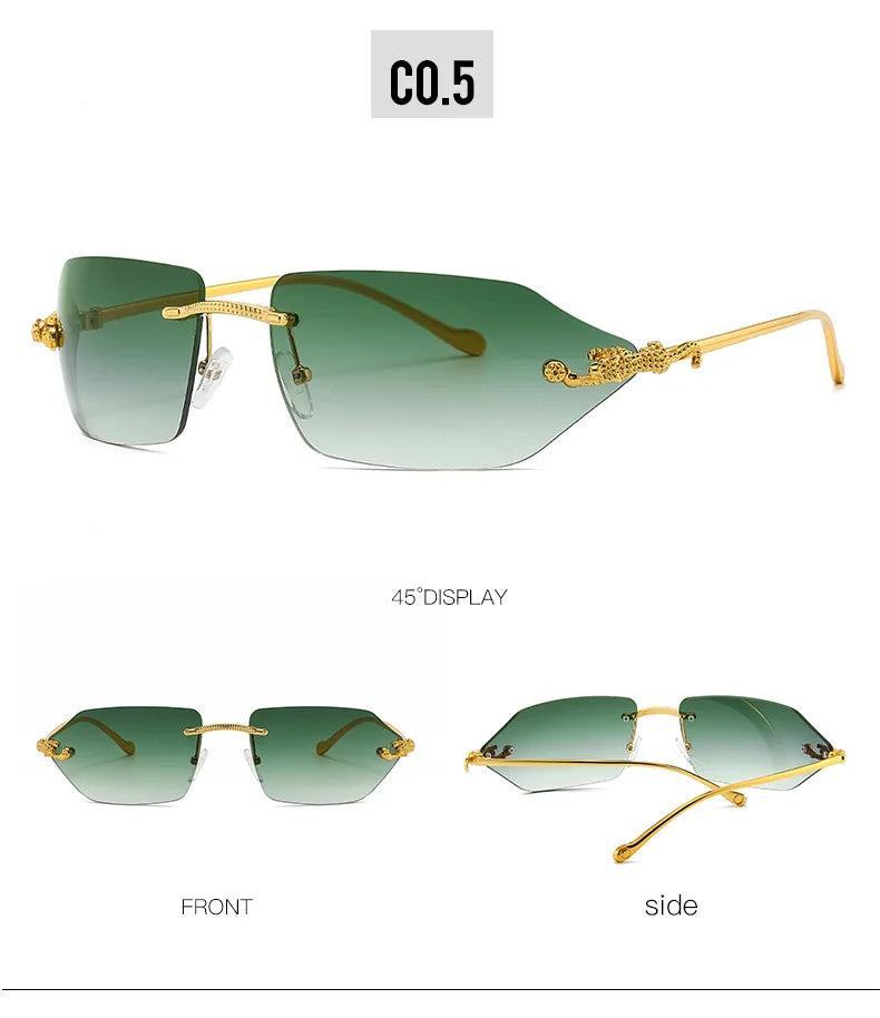 Y2K Brand Designer Luxury Rimless Curved Rectangle Sunglasses Women For Men Vintage Punk Sun Glasses Popular Gold Leopard Shades