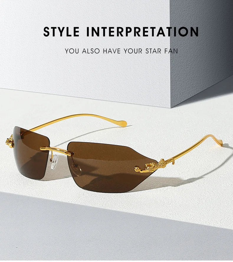 Y2K Brand Designer Luxury Rimless Curved Rectangle Sunglasses Women For Men Vintage Punk Sun Glasses Popular Gold Leopard Shades