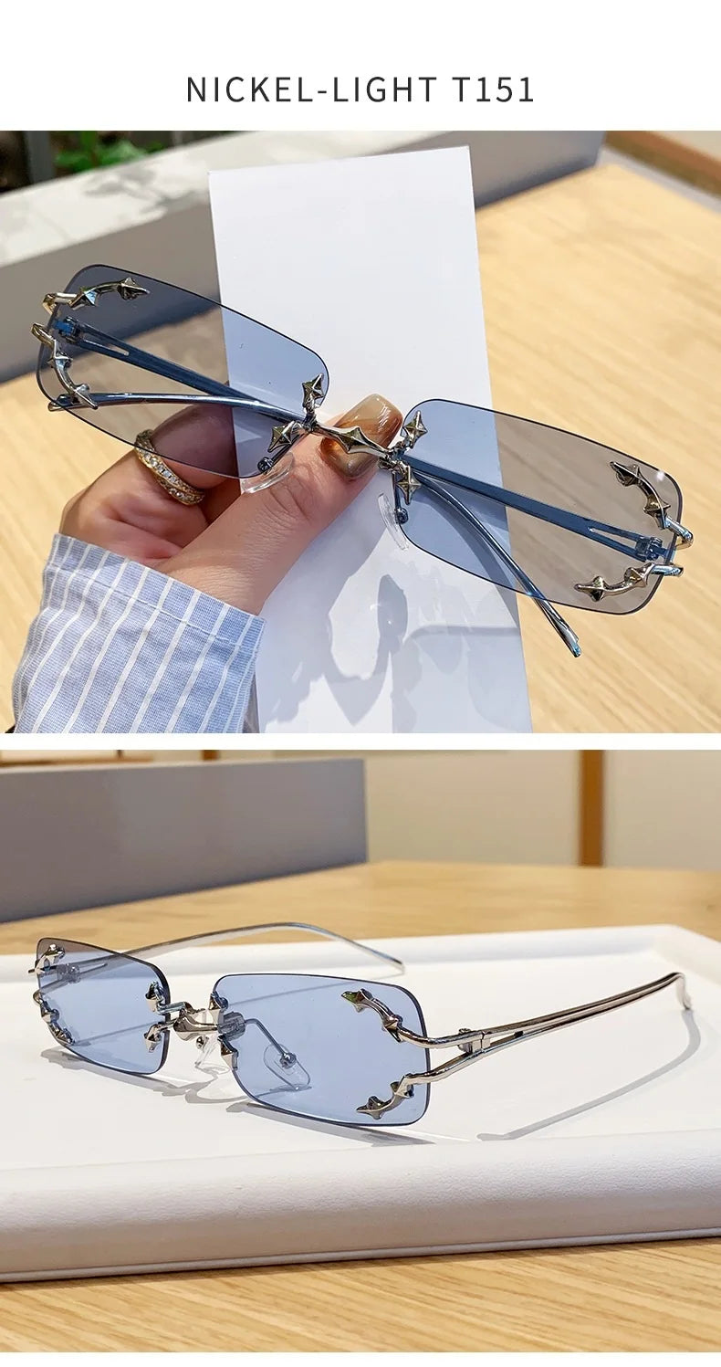 Óculos de Sol Vintage Rimless Quadrado Y2K Rebite Estrela UV400