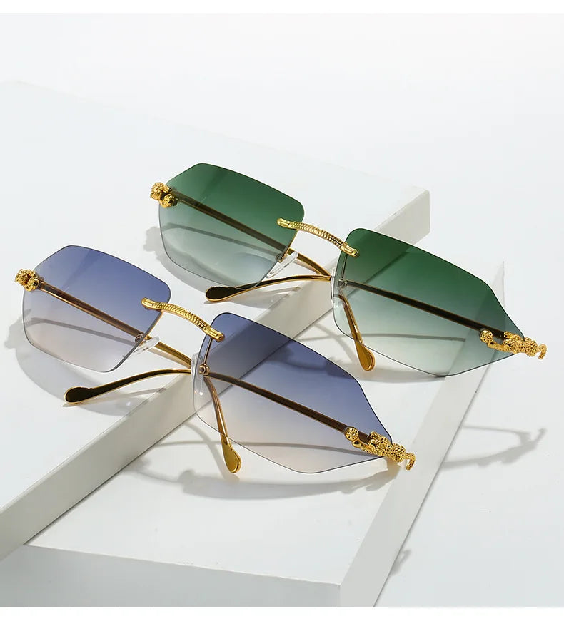 Y2K Brand Designer Luxury Rimless Curved Rectangle Sunglasses Women For Men Vintage Punk Sun Glasses Popular Gold Leopard Shades