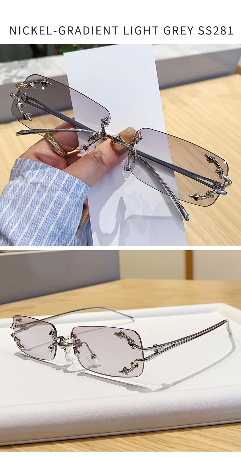 Óculos de Sol Vintage Rimless Quadrado Y2K Rebite Estrela UV400