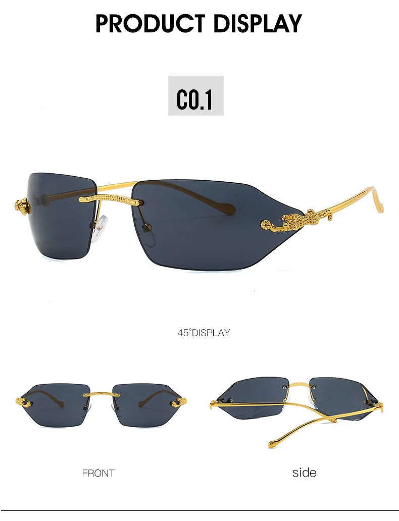 Y2K Brand Designer Luxury Rimless Curved Rectangle Sunglasses Women For Men Vintage Punk Sun Glasses Popular Gold Leopard Shades