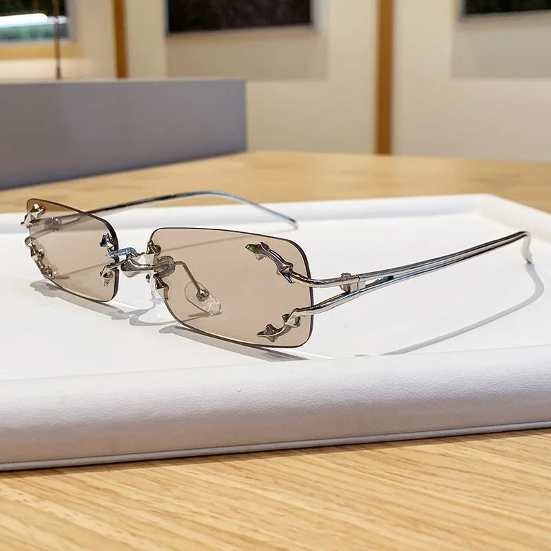 Óculos de Sol Vintage Rimless Quadrado Y2K Rebite Estrela UV400