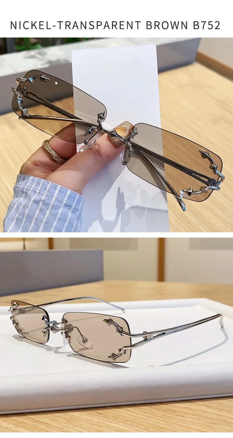 Óculos de Sol Vintage Rimless Quadrado Y2K Rebite Estrela UV400