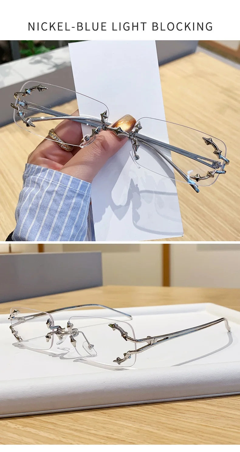 Óculos de Sol Vintage Rimless Quadrado Y2K Rebite Estrela UV400