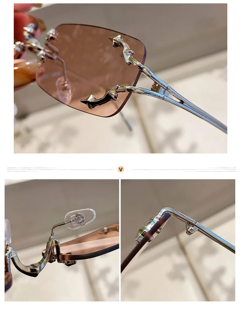 Óculos de Sol Vintage Rimless Quadrado Y2K Rebite Estrela UV400