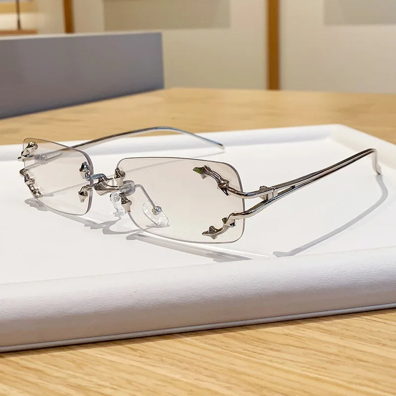 Óculos de Sol Vintage Rimless Quadrado Y2K Rebite Estrela UV400