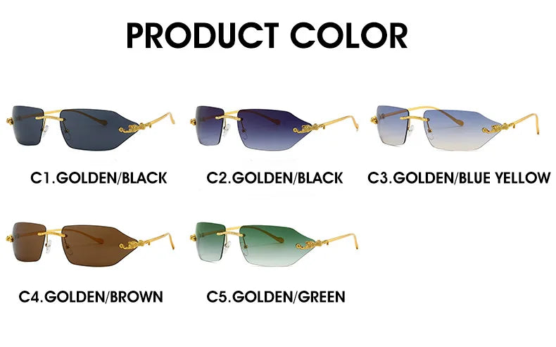 Y2K Brand Designer Luxury Rimless Curved Rectangle Sunglasses Women For Men Vintage Punk Sun Glasses Popular Gold Leopard Shades