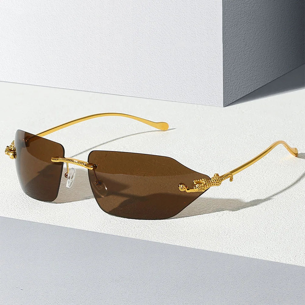 Y2K Brand Designer Luxury Rimless Curved Rectangle Sunglasses Women For Men Vintage Punk Sun Glasses Popular Gold Leopard Shades