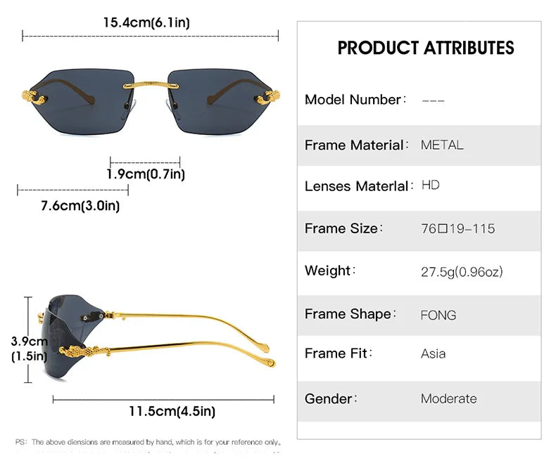 Y2K Brand Designer Luxury Rimless Curved Rectangle Sunglasses Women For Men Vintage Punk Sun Glasses Popular Gold Leopard Shades