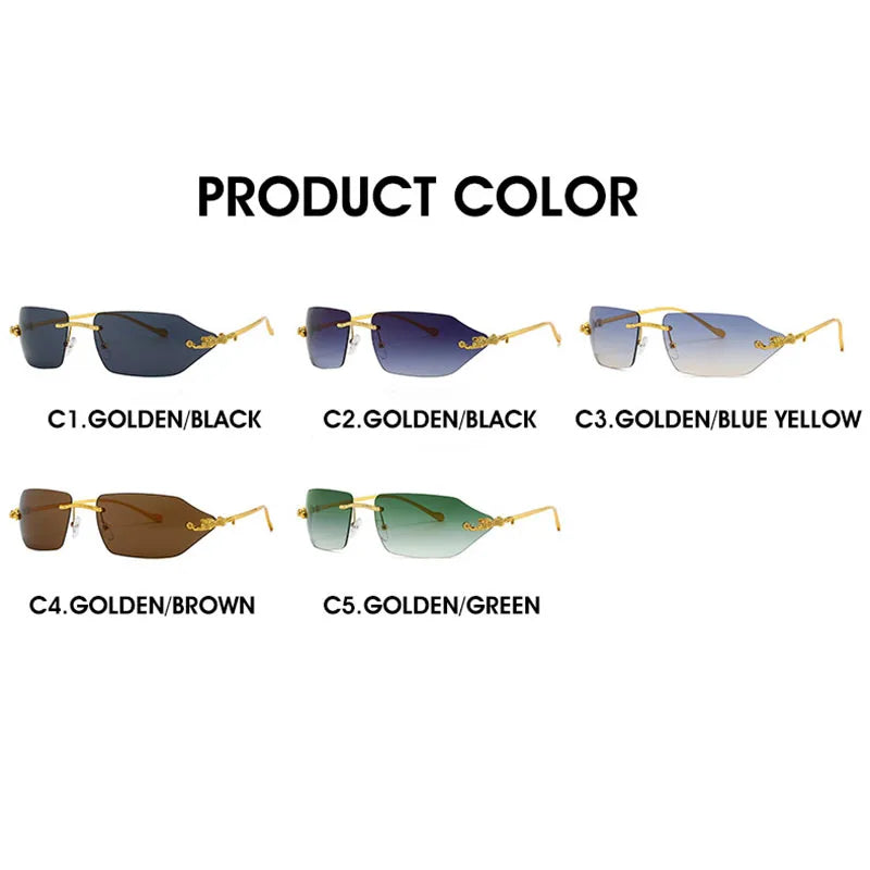 Y2K Brand Designer Luxury Rimless Curved Rectangle Sunglasses Women For Men Vintage Punk Sun Glasses Popular Gold Leopard Shades