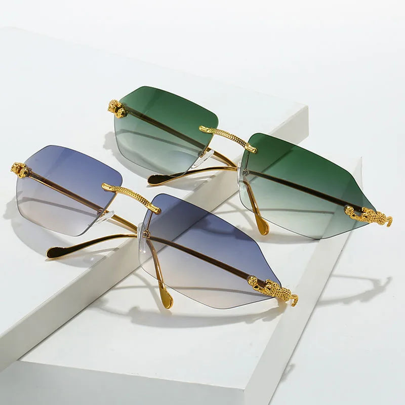 Y2K Brand Designer Luxury Rimless Curved Rectangle Sunglasses Women For Men Vintage Punk Sun Glasses Popular Gold Leopard Shades
